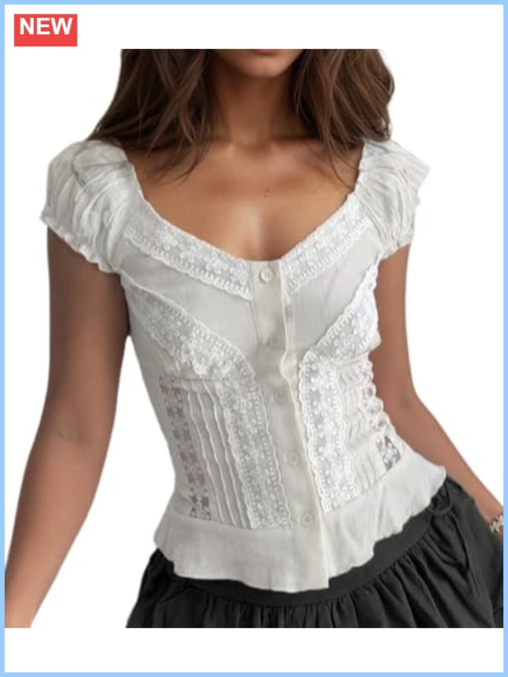 Women's Lace Trim V Neck Puff Sleeve Cutout Crop Top Slim Fit Chic Summer Blouse